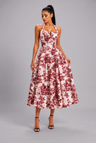 Women's Brown Vintage Garden Halter Sweetheart a-Line Midi Dress – side view