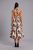 Women's Brown Vintage Garden Halter Sweetheart a-Line Midi Dress – back view
