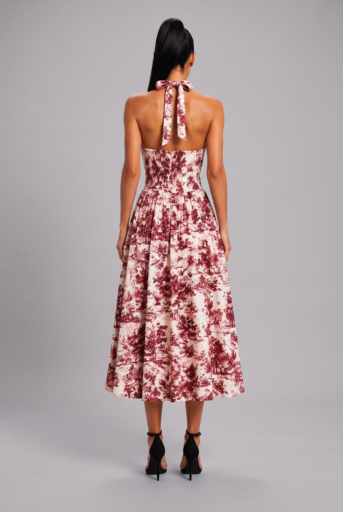 Women's Brown Vintage Garden Halter Sweetheart a-Line Midi Dress – detail view