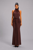 Women's Elysian Drape Halter Open Back Mermaid Gown – front view