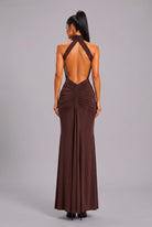 Women's Elysian Drape Halter Open Back Mermaid Gown – back view