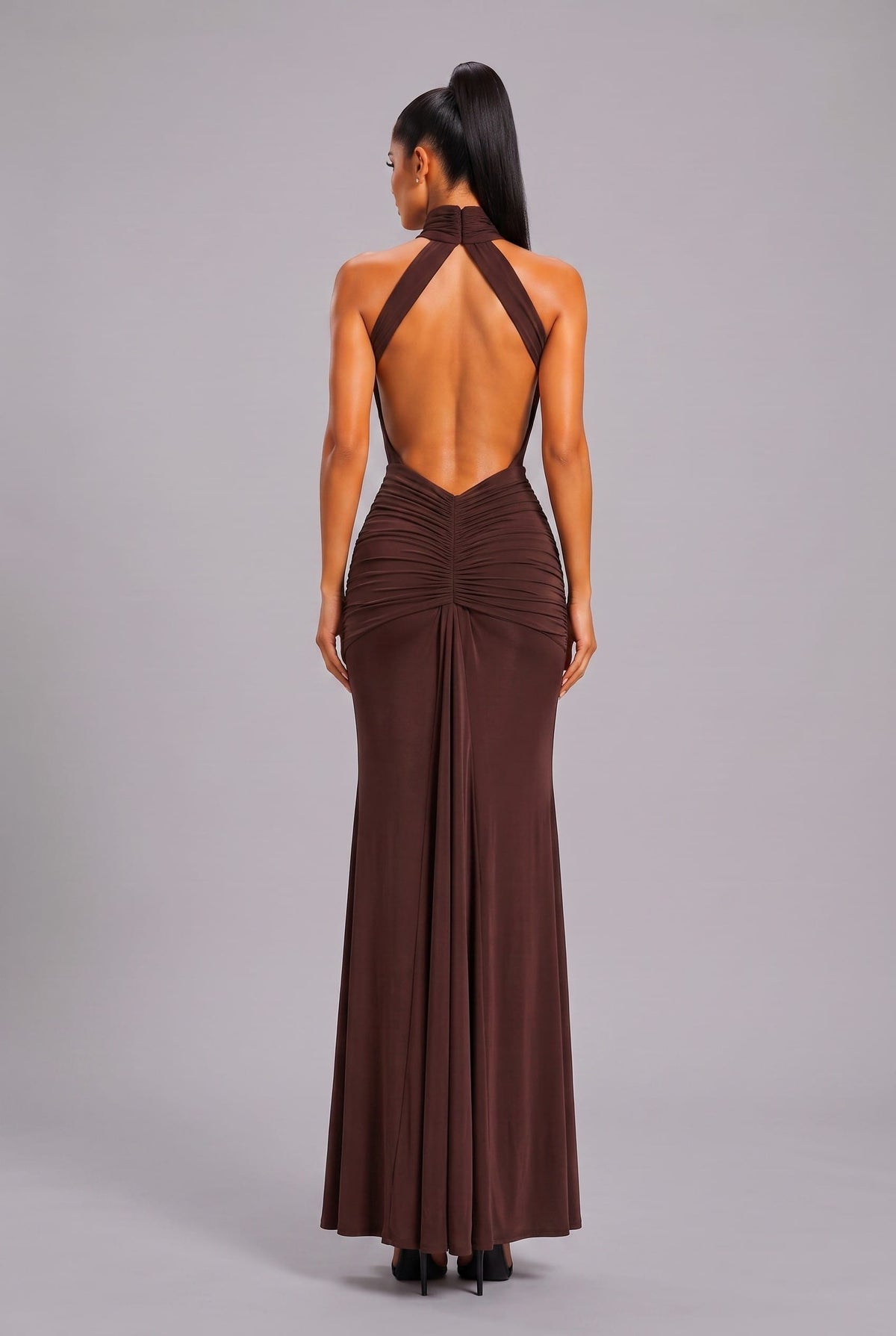 Women's Elysian Drape Halter Open Back Mermaid Gown – back view