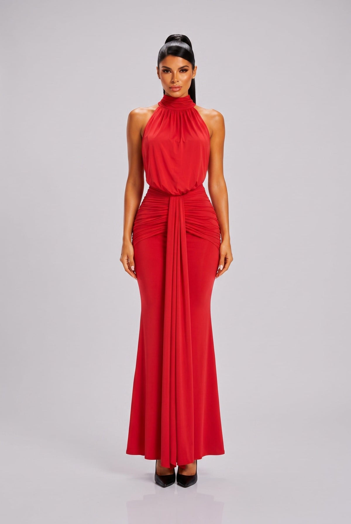Women's Elysian Drape Halter Open Back Mermaid Gown – side view