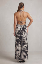 Women's Noir Mirage Abstract Print Plunge Halter Ruched Slit Maxi Dress – side view