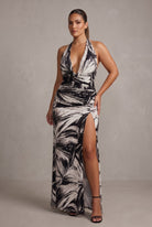 Women's Noir Mirage Abstract Print Plunge Halter Ruched Slit Maxi Dress – front view