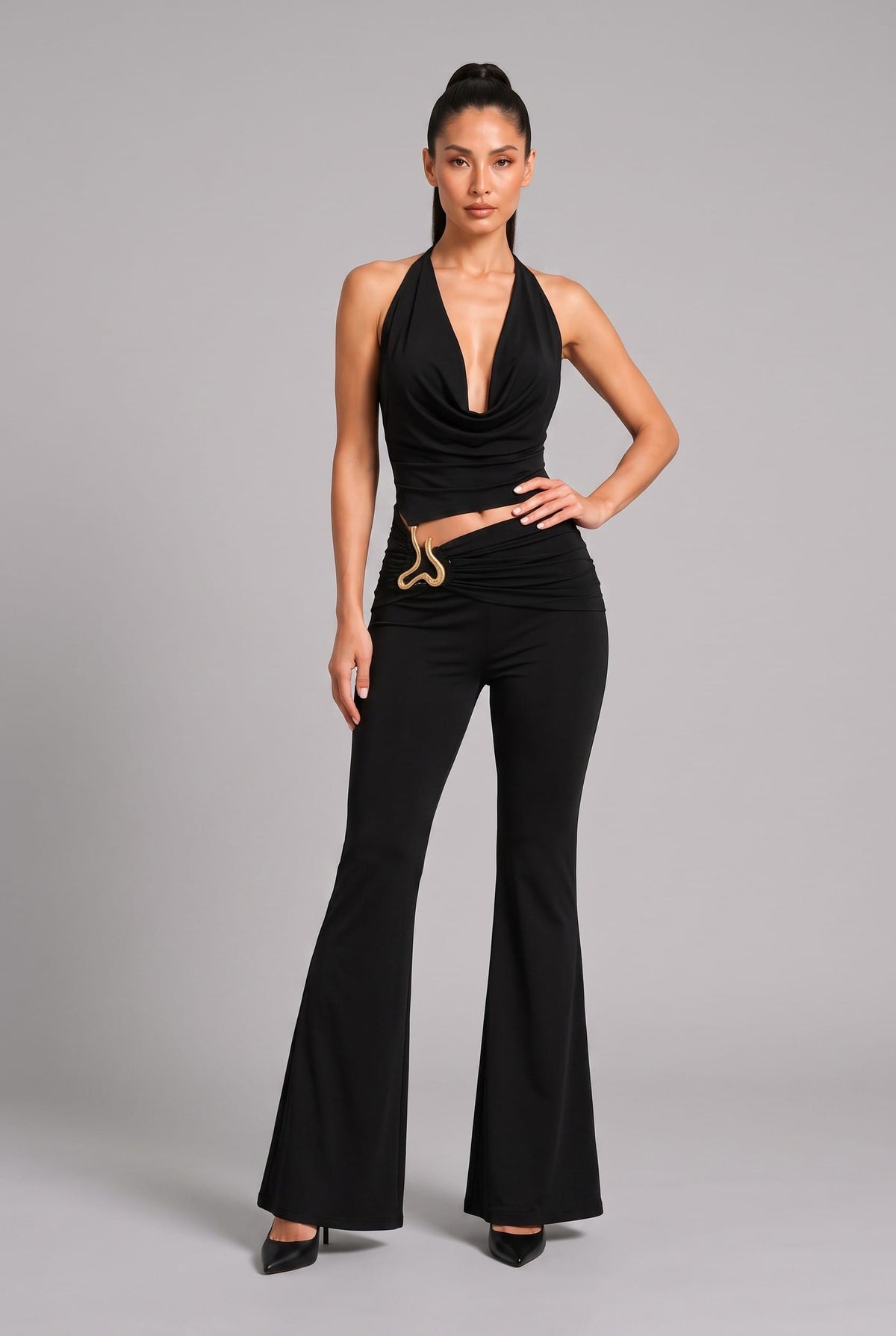 Women's Golden Allure Cowl Neck Halter Wide Leg Jumpsuit – front view