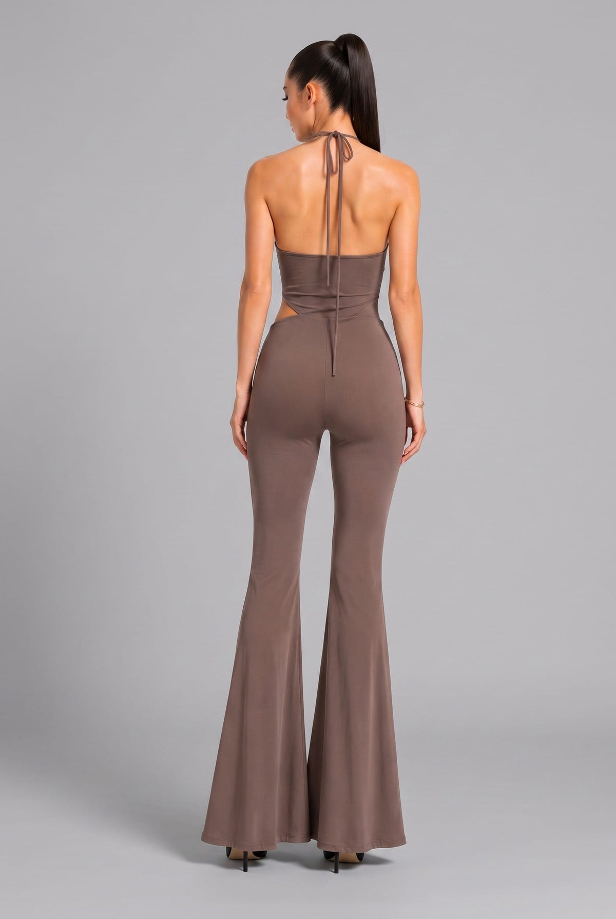 Women's Golden Allure Cowl Neck Halter Wide Leg Jumpsuit – detail view