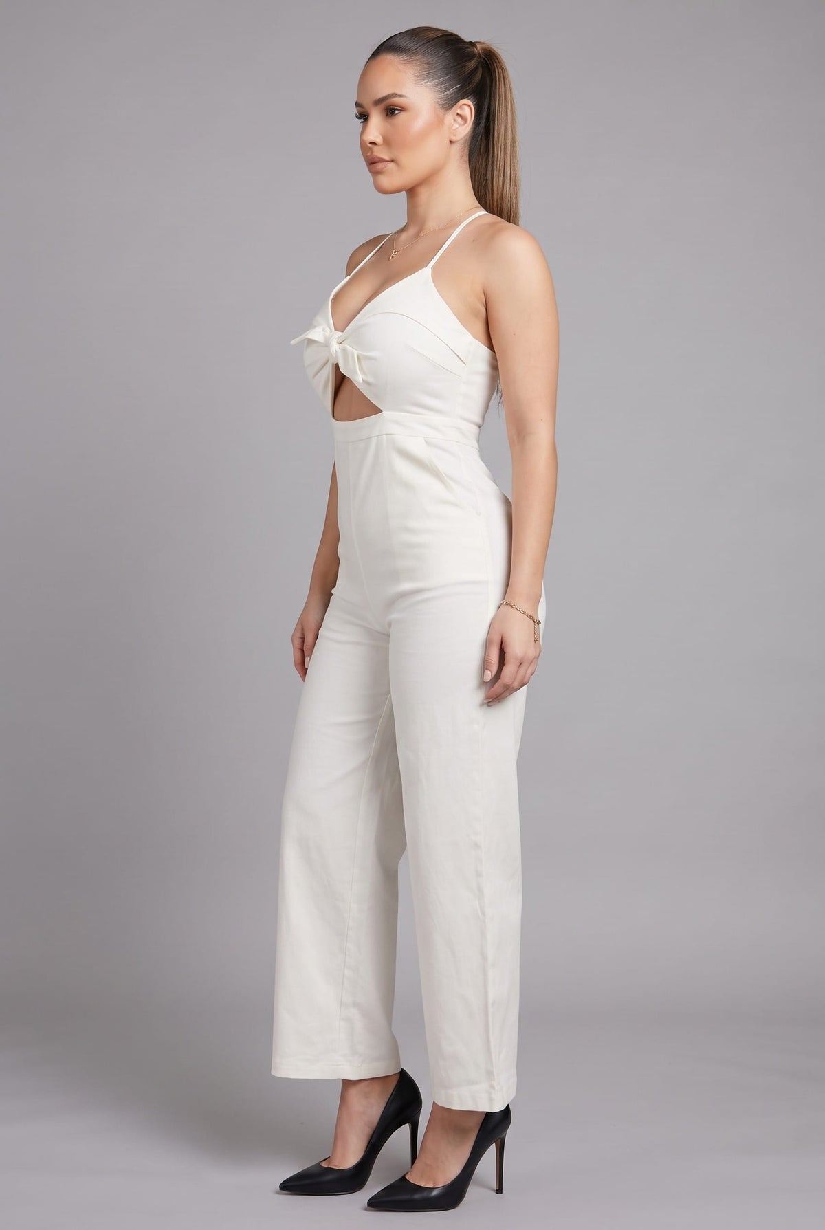 Women's Off-White Allure Luxe Halter Cutout Wide Leg Jumpsuit – back view
