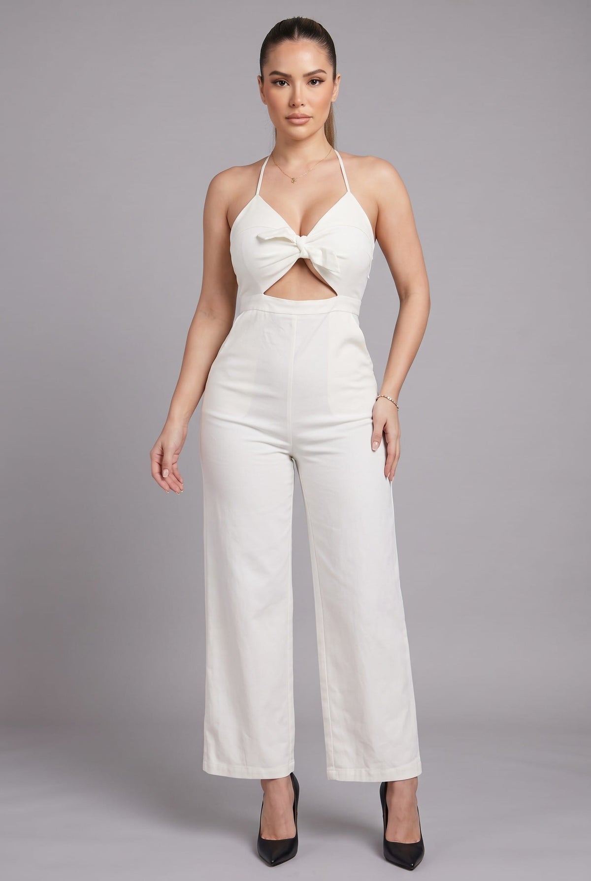 Women's Off-White Allure Luxe Halter Cutout Wide Leg Jumpsuit – front view
