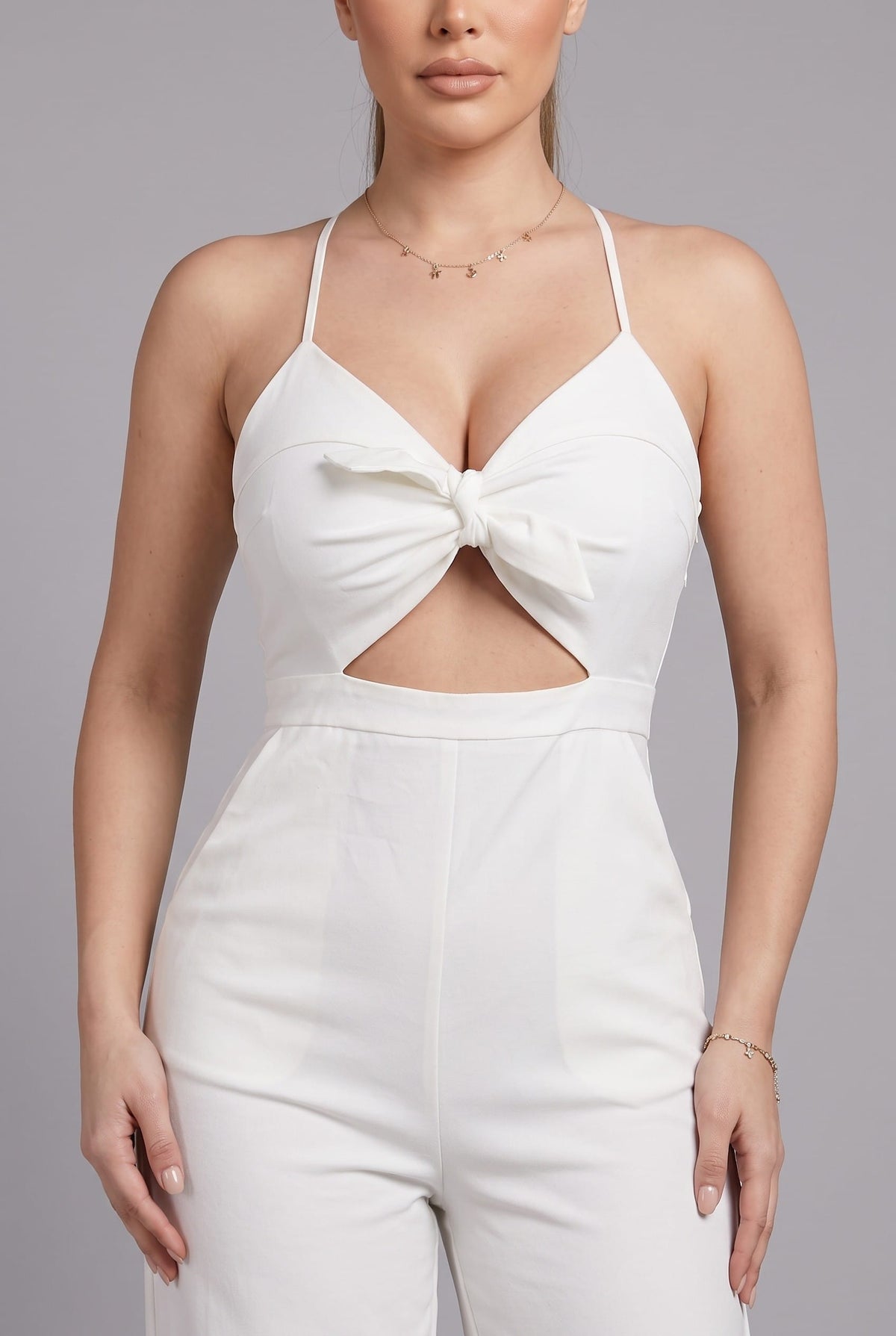 Women's Off-White Allure Luxe Halter Cutout Wide Leg Jumpsuit – detail view