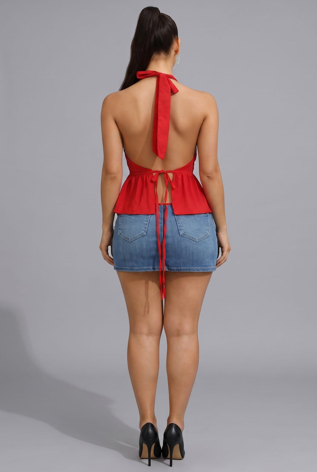 Women's Sienna Luxe Plunge Halter Smocked Peplum Poplin Top – back view