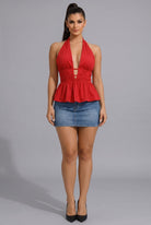Women's Sienna Luxe Plunge Halter Smocked Peplum Poplin Top – front view
