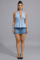 Women's Sienna Luxe Plunge Halter Smocked Peplum Poplin Top – side view