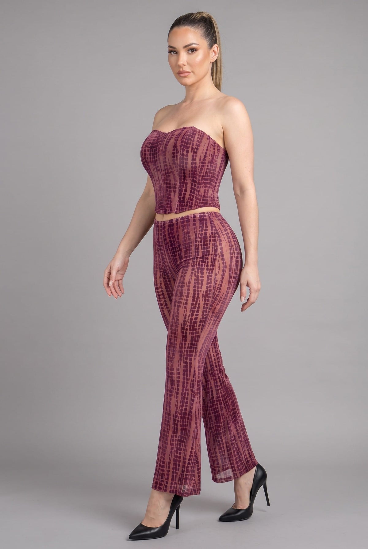 Women's Eclipse Rhythm Textured Strapless Flare Pant Two Piece Set – back view