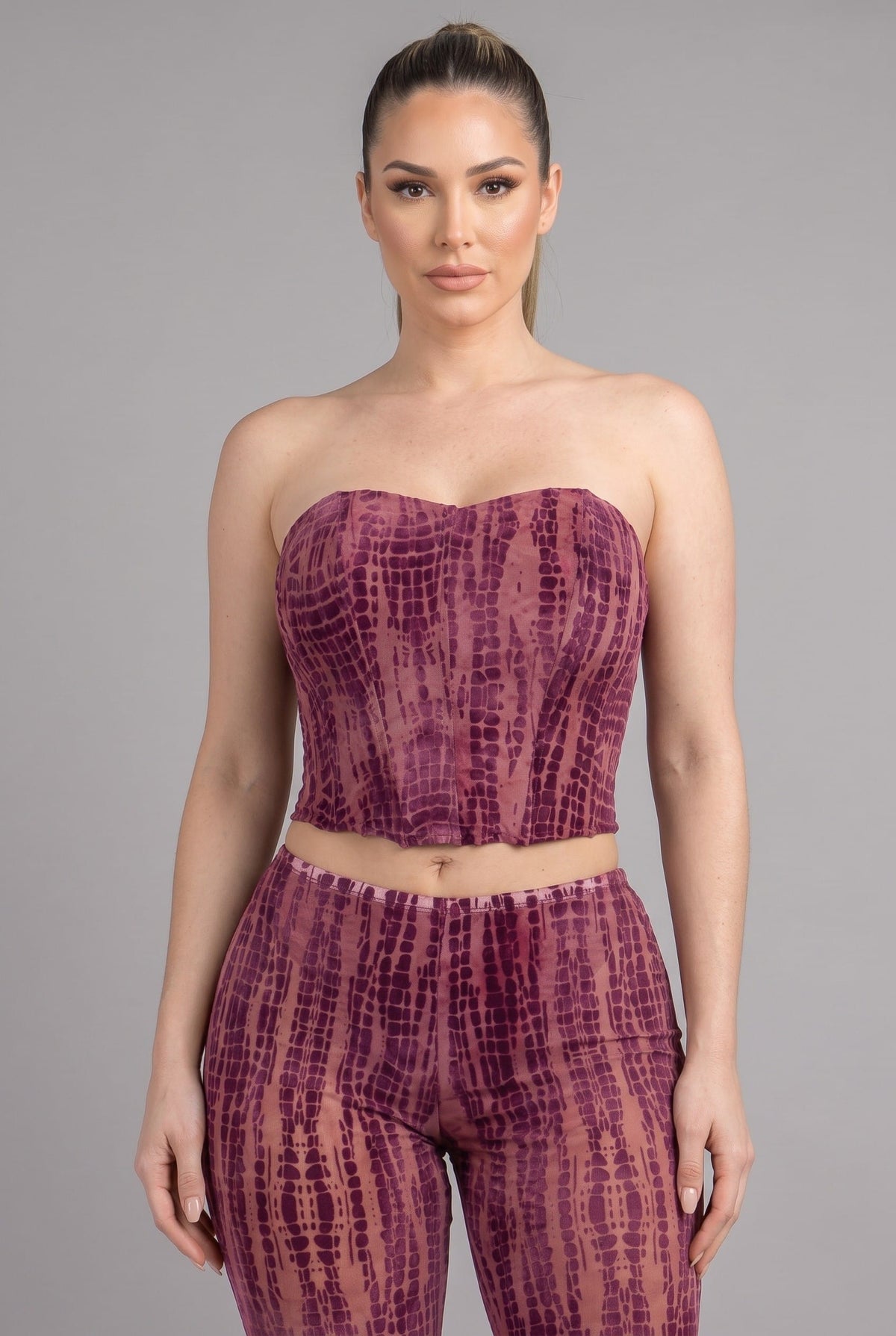 Women's Eclipse Rhythm Textured Strapless Flare Pant Two Piece Set – front view