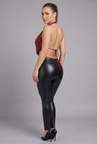 Women's Cherry Red Crimson Stardust Beaded Plunge Halter Top – back view
