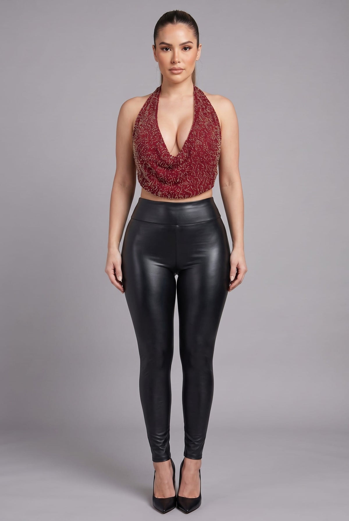Women's Cherry Red Crimson Stardust Beaded Plunge Halter Top – front view