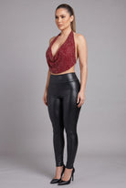 Women's Cherry Red Crimson Stardust Beaded Plunge Halter Top – side view