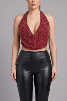 Women's Cherry Red Crimson Stardust Beaded Plunge Halter Top – detail view