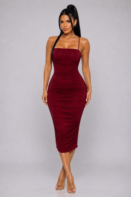 Women's Starlit Merlot Muse Rhinestone Ruched Strap Dress – detail view
