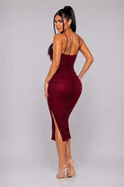 Women's Starlit Merlot Muse Rhinestone Ruched Strap Dress – full-length view