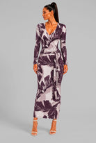 Women's Brown Willow Riviera Botanical Print V Neck Long Sleeve Wrap Maxi Dress – front view