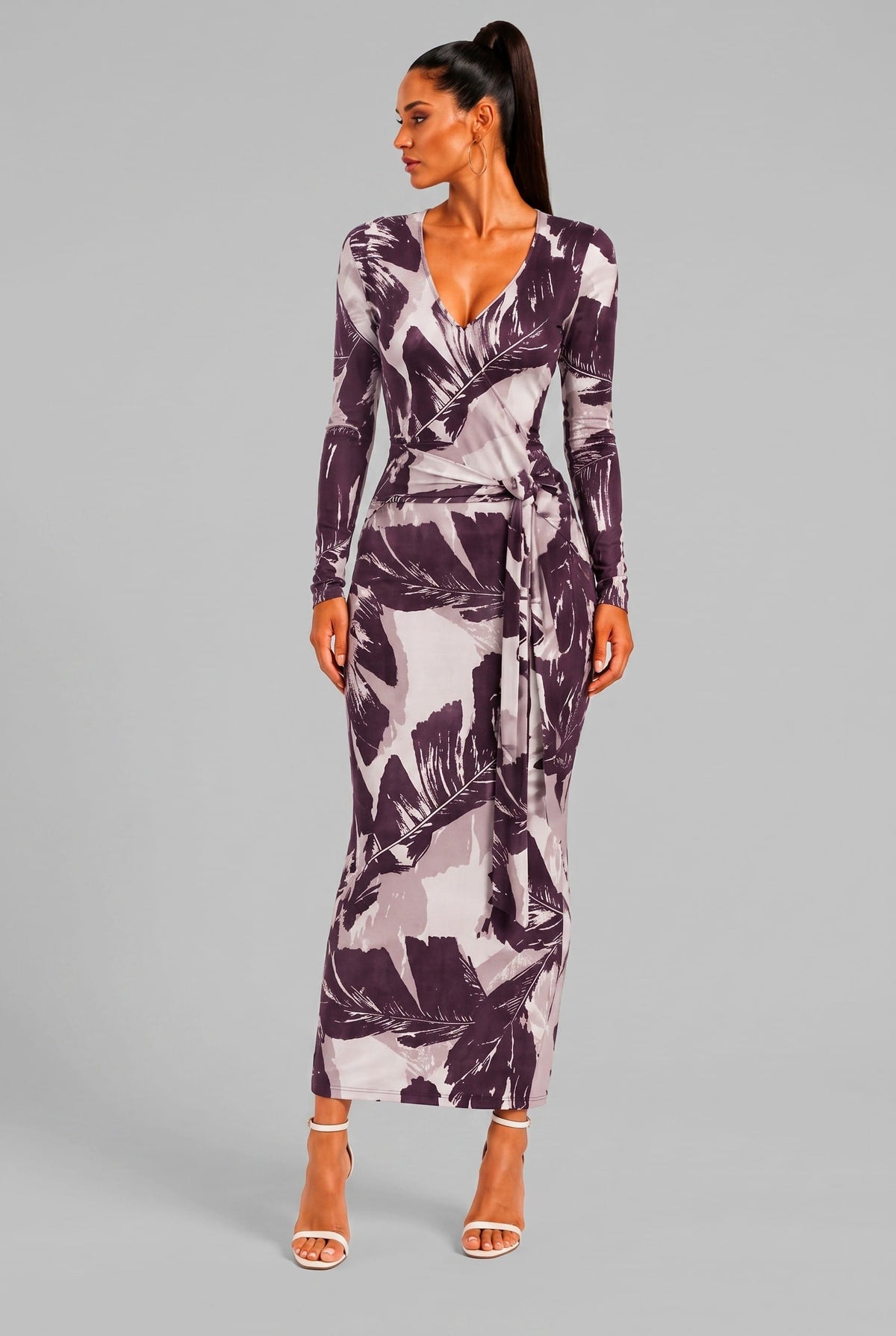 Women's Brown Willow Riviera Botanical Print V Neck Long Sleeve Wrap Maxi Dress – front view