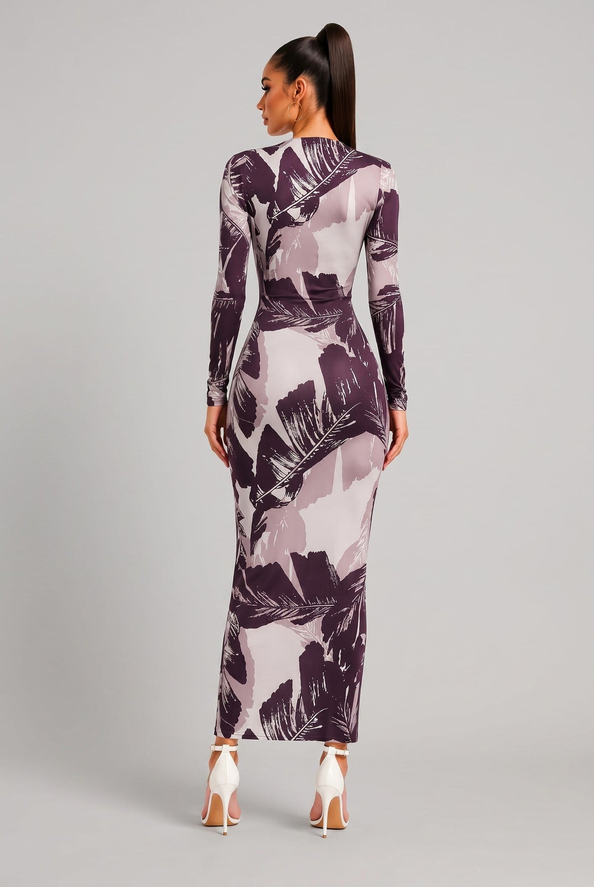Women's Brown Willow Riviera Botanical Print V Neck Long Sleeve Wrap Maxi Dress – side view