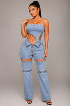 Women's denim strapless corset bodice cutout denim jumpsuit