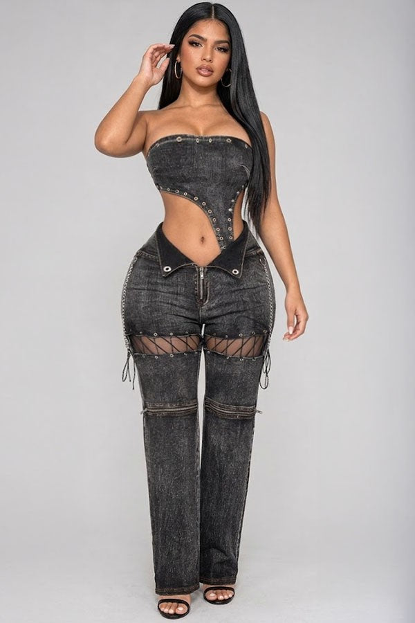 Women's black denim strapless corset bodice cutout denim jumpsuit