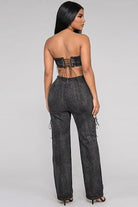 Women's black denim strapless corset bodice cutout denim jumpsuit - photo 3