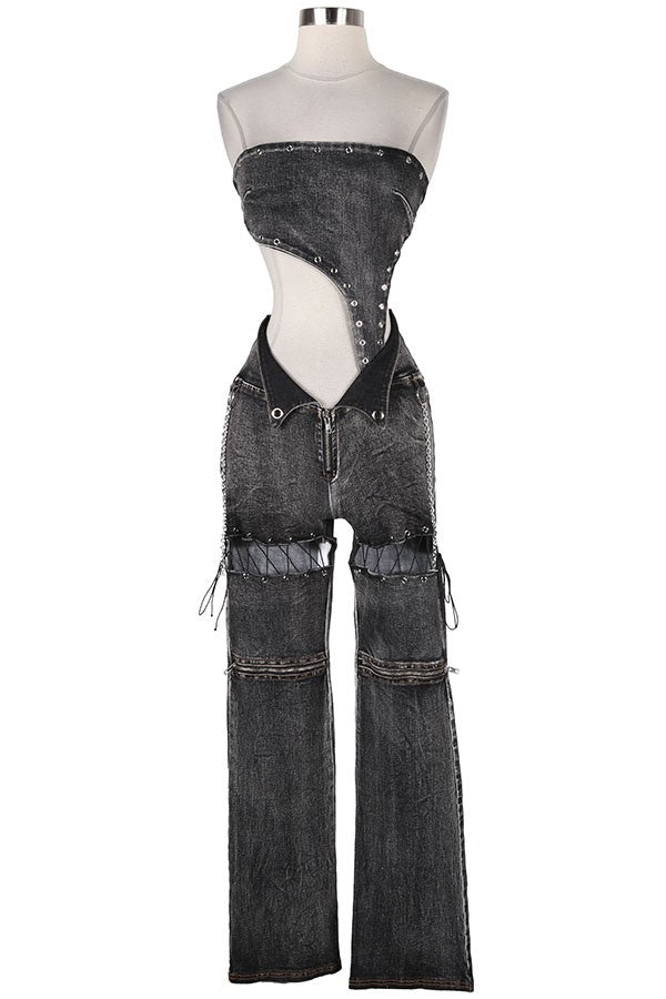 Women's black denim strapless corset bodice cutout denim jumpsuit - photo 4
