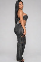 Women's black denim strapless corset bodice cutout denim jumpsuit - photo 2