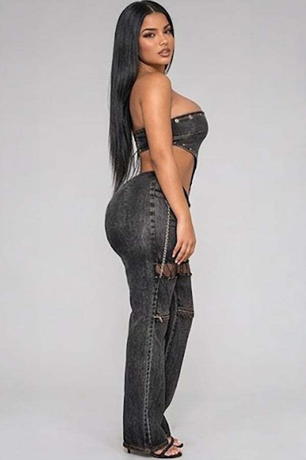 Women's black denim strapless corset bodice cutout denim jumpsuit - photo 2