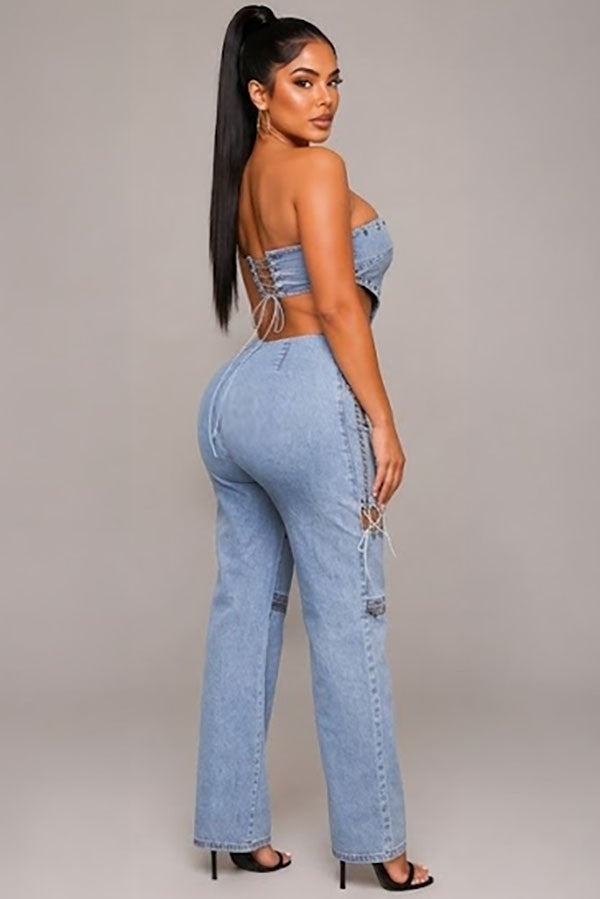 Women's denim strapless corset bodice cutout denim jumpsuit - photo 2