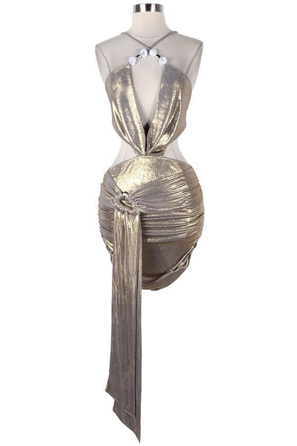 Women's gold metallic plunge cutout ruched mini dress - photo 4