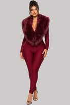 Women's Plush Faux Fur Collar Plunge Jumpsuit