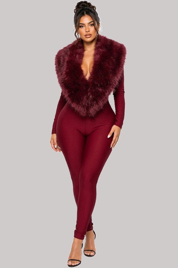 Women's Plush Faux Fur Collar Plunge Jumpsuit