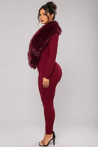 Women's Plush Faux Fur Collar Plunge Jumpsuit - photo 2