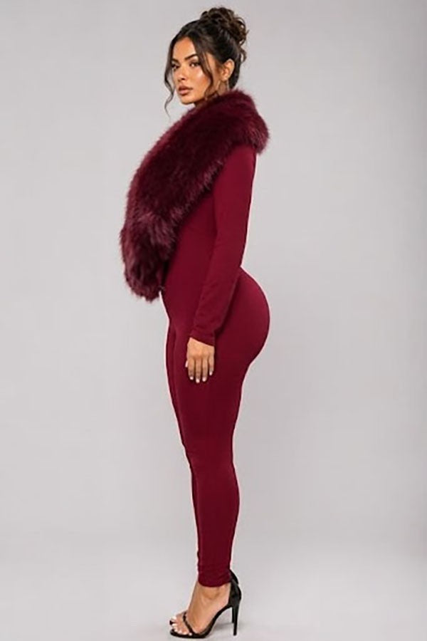 Women's Plush Faux Fur Collar Plunge Jumpsuit - photo 2