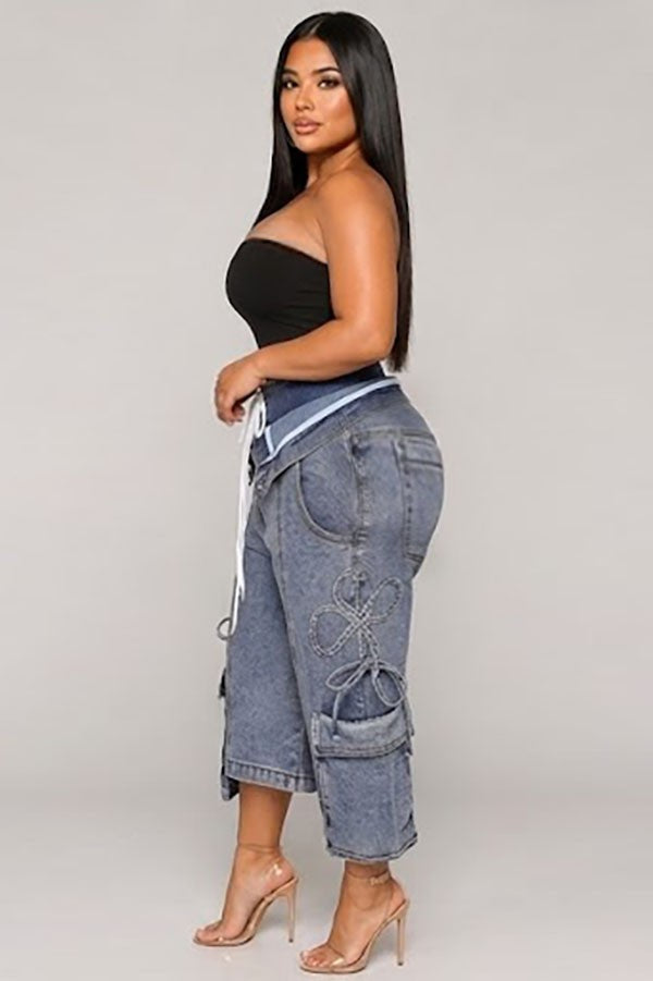 Women's High-Waist Lace-Up Cargo Denim Pants - photo 2