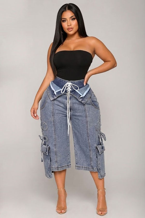 Women's High-Waist Lace-Up Cargo Denim Pants