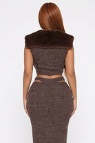 Women's Faux Fur Collar Crop Top & Midi Skirt Set - photo 3