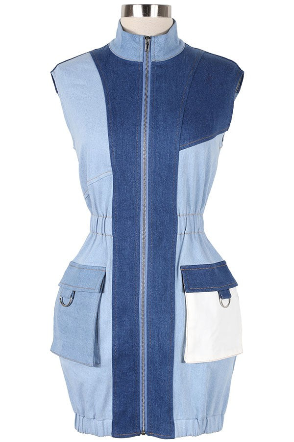 Women's Color-Block Zip-Front Denim Mini Dress - photo 4
