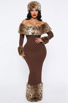 Women's Off-Shoulder Leopard Faux Fur Trim Maxi Dress