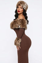 Women's Off-Shoulder Leopard Faux Fur Trim Maxi Dress - photo 2