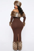 Women's Off-Shoulder Leopard Faux Fur Trim Maxi Dress - photo 3
