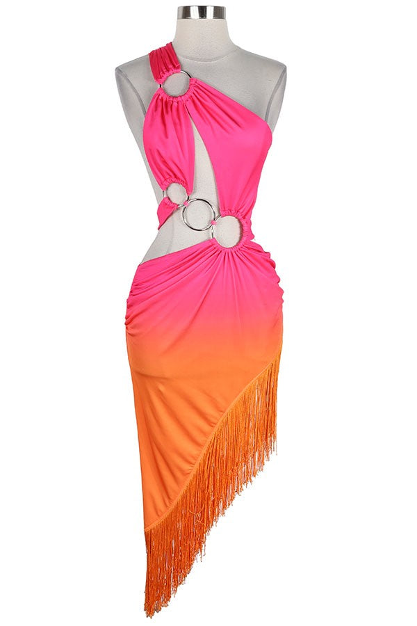 Women's pink and orange ombre one-shoulder ring cut-out fringe mini dress - photo 4