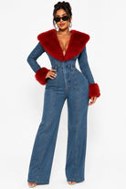 Women's denim faux fur collar and cuff flared denim jumpsuit - photo 2