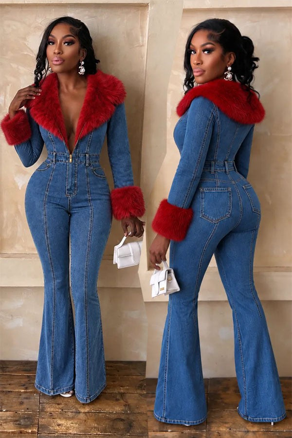 Women's denim faux fur collar and cuff flared denim jumpsuit
